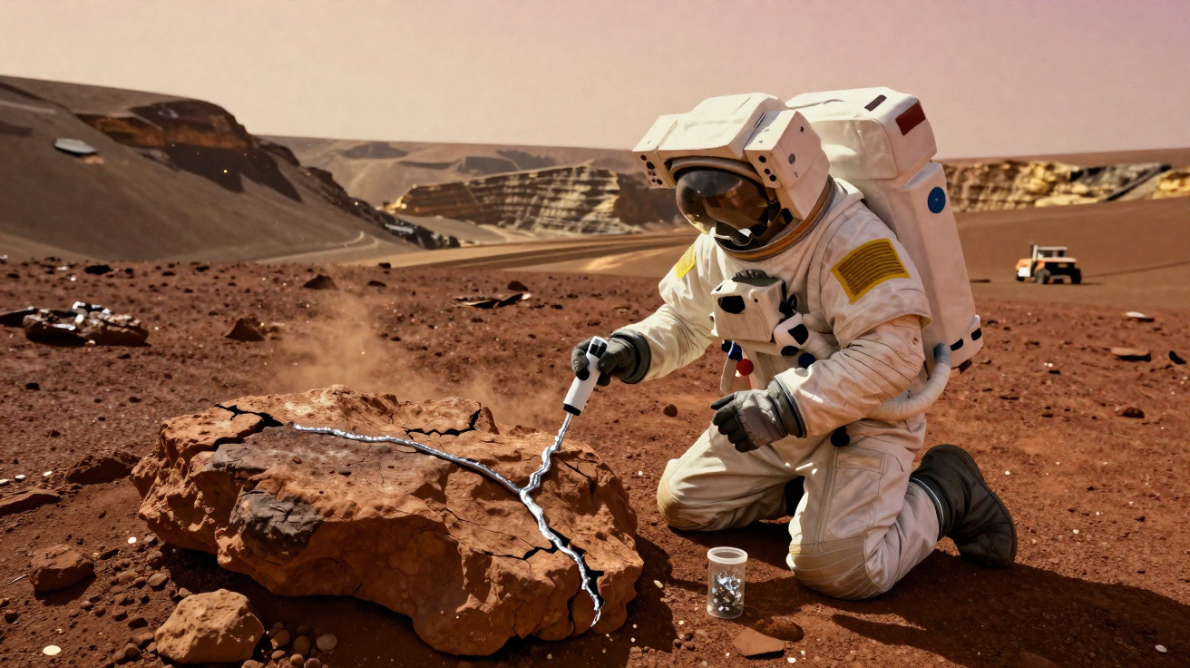 Astronauta a coletar amostras de rocha fissurada numa paisagem árida e vermelha, estilo Marte.