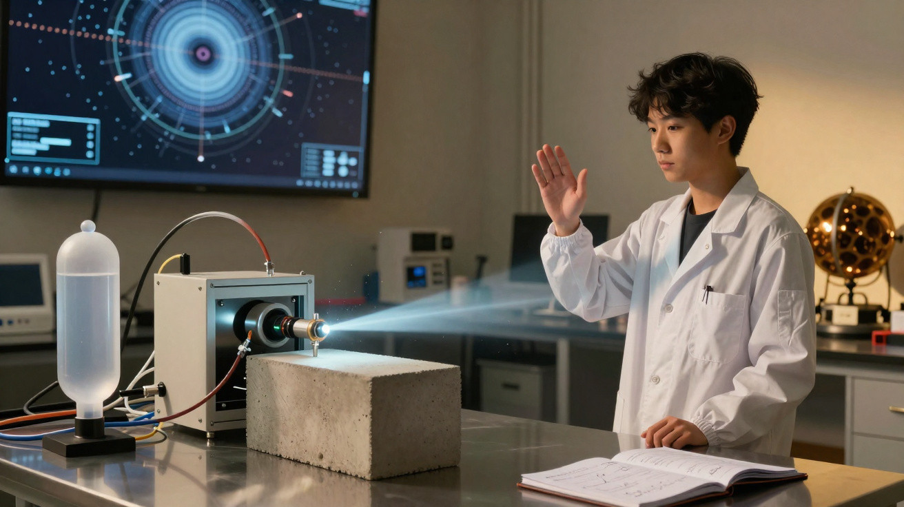 Jovem cientista em bata branca analisa feixe de luz projetado numa mesa com bloco de cimento numa sala de laboratório.
