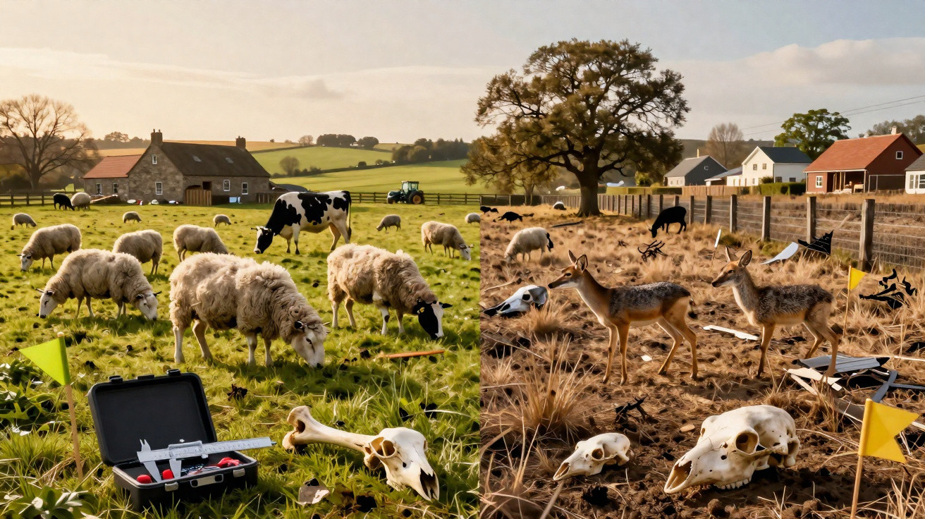 Campo dividido mostrando ovelhas e vacas a pastar de um lado e animais mortos com crânios expostos do outro.
