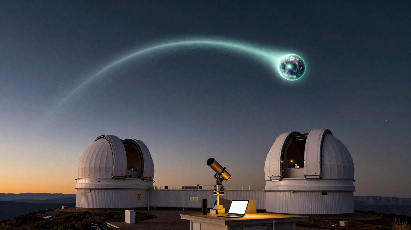 Observatório astronómico ao entardecer com telescópio e planeta brilhante no céu estrelado.