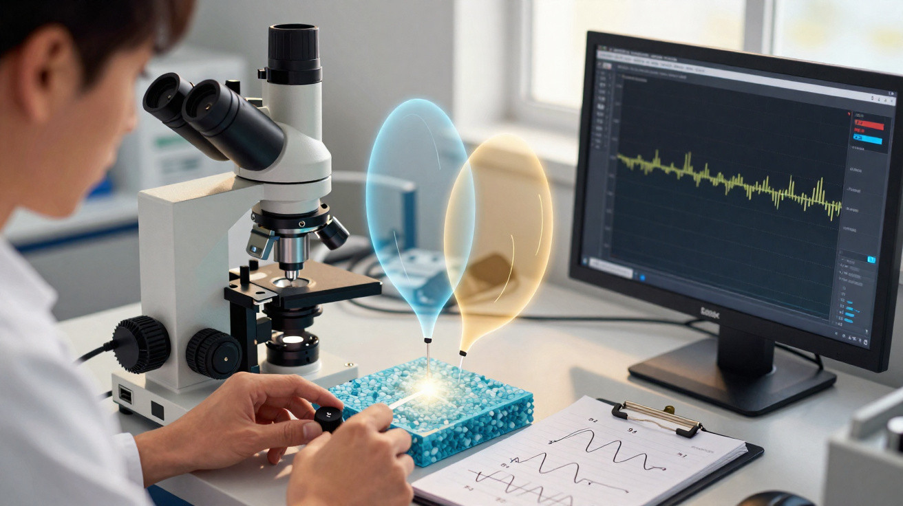Cientista no laboratório a analisar dados com microscópio e gráficos de ondas num monitor e caderno.