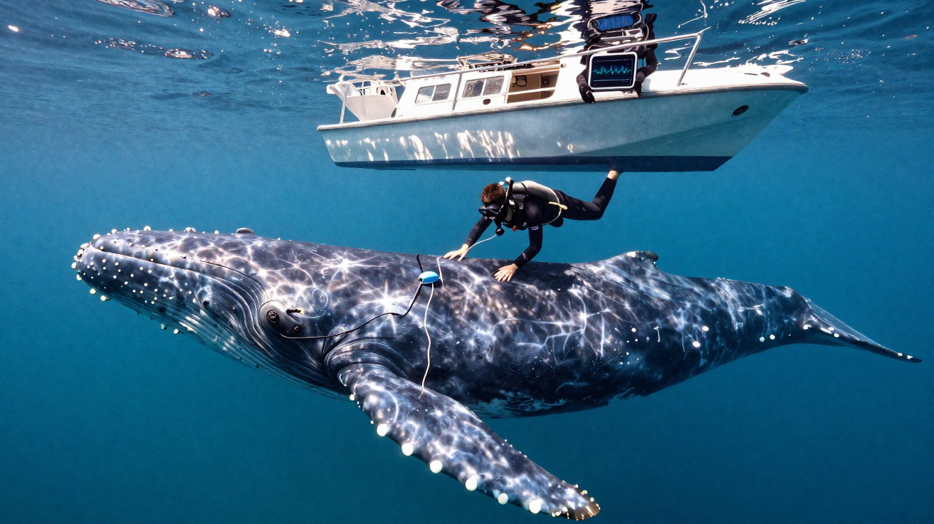 Mergulhador junto a uma baleia azul com um barco à superfície do mar transparente.