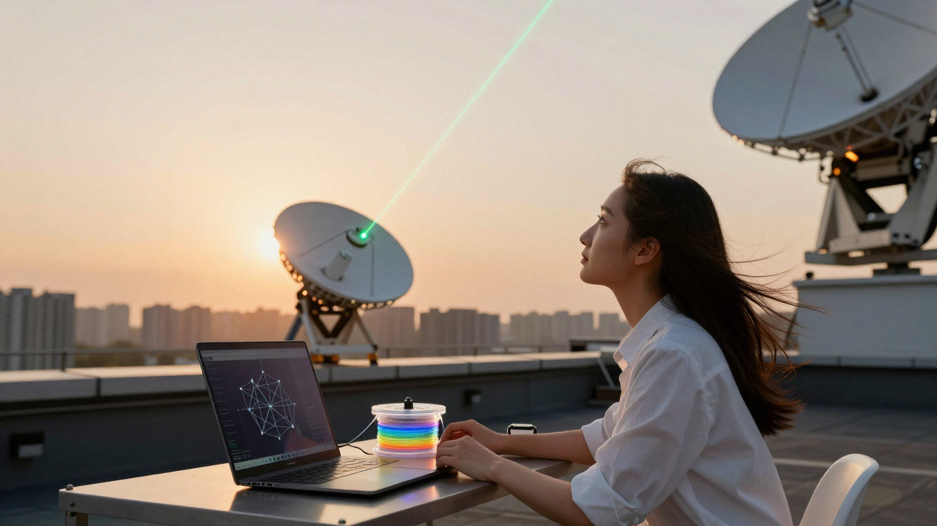 Mulher sentada numa mesa com portátil aberta, antenas parabólicas ao pôr do sol numa cobertura urbana.
