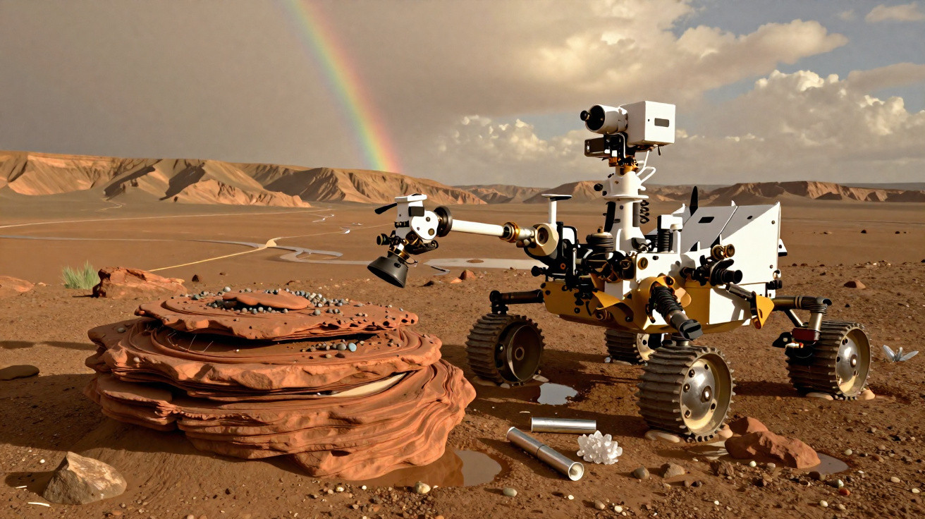 Rover explorando terreno árido com formação rochosa, céu nublado e arco-íris ao fundo.