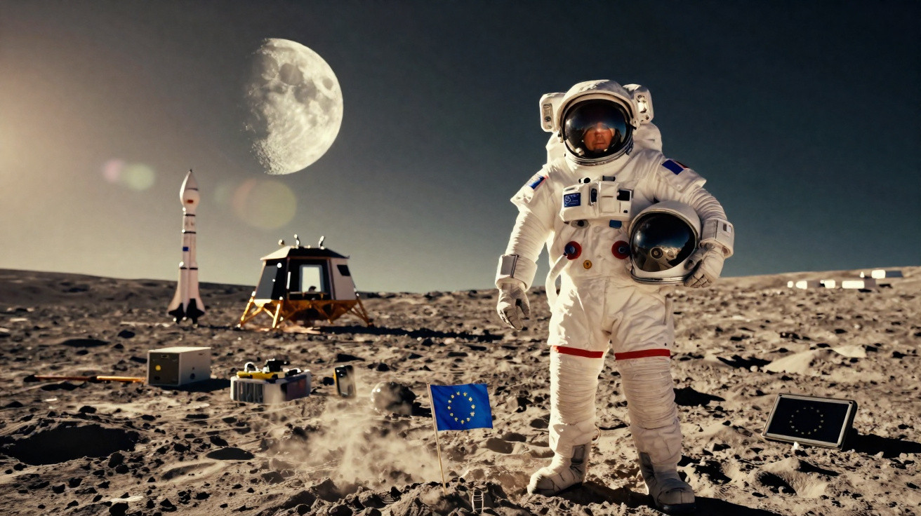 Astronauta com fato espacial segurando capacete na superfície lunar com Lua ao fundo e bandeira da União Europeia.