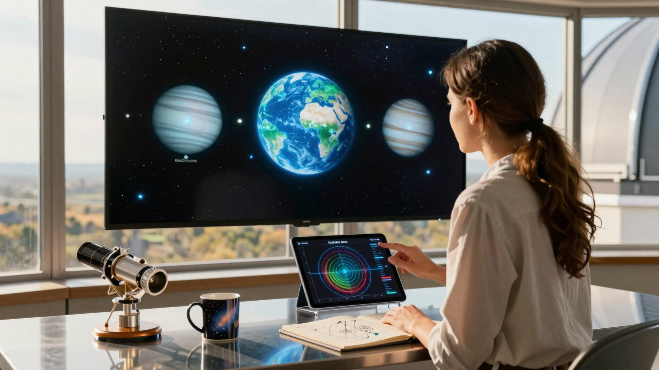 Mulher a estudar sistema solar em tablet e monitor com telescópio e caderno numa mesa junto à janela.