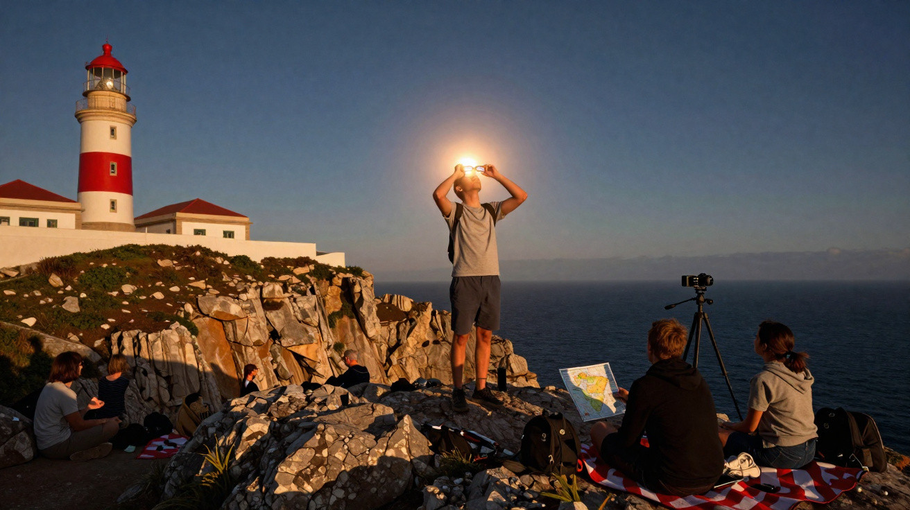 Grupo de pessoas em falésia junto ao mar ao pôr do sol com farol ao fundo.