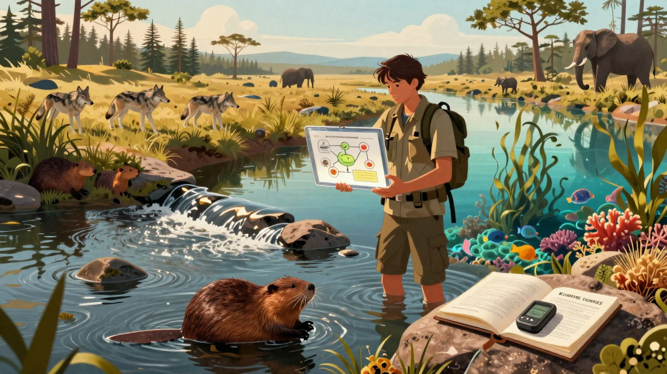 Jovem biólogo estuda castores num rio rodeado por biodiversidade, incluindo elefantes, lobo e corais coloridos.