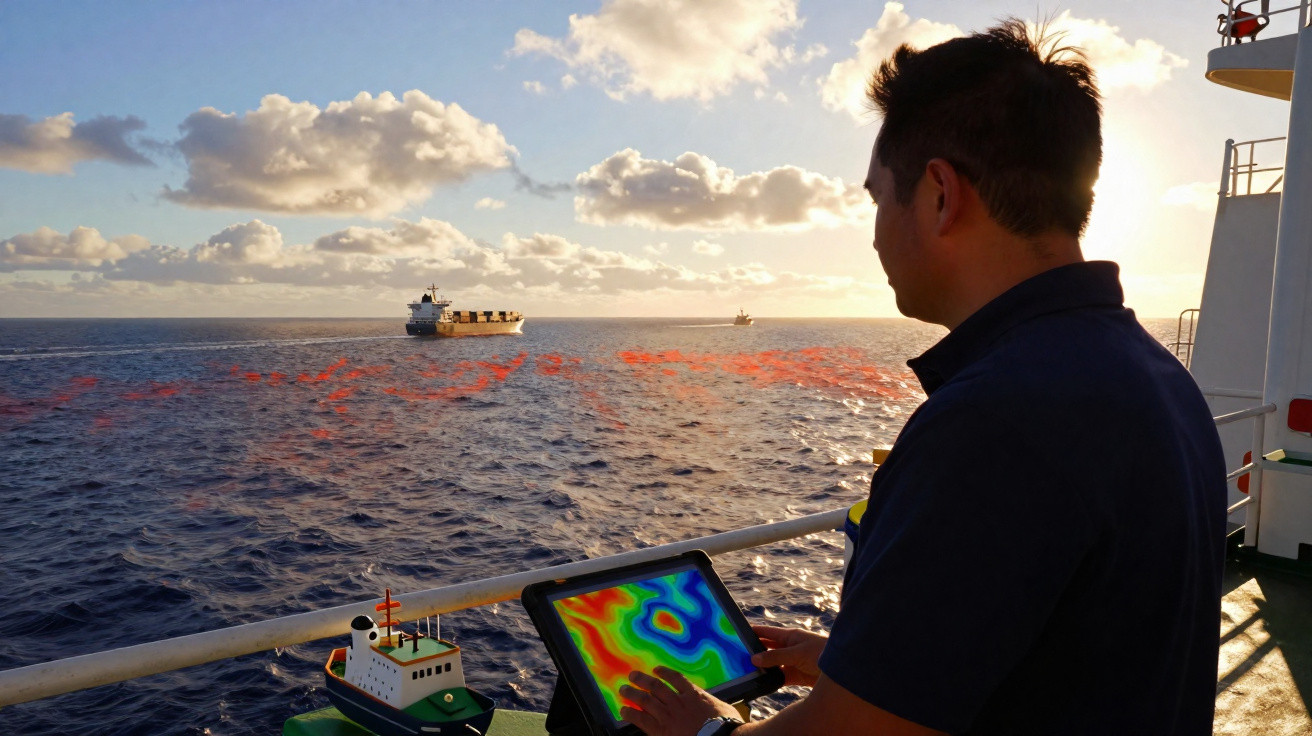 Homem no convés de um navio usa tablet com imagem térmica enquanto observa o mar ao pôr do sol.