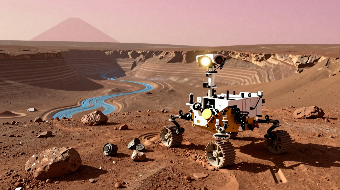 Rover explorador branco a examinar solo rochoso em paisagem marciana com vale e céu cor de rosa ao fundo.