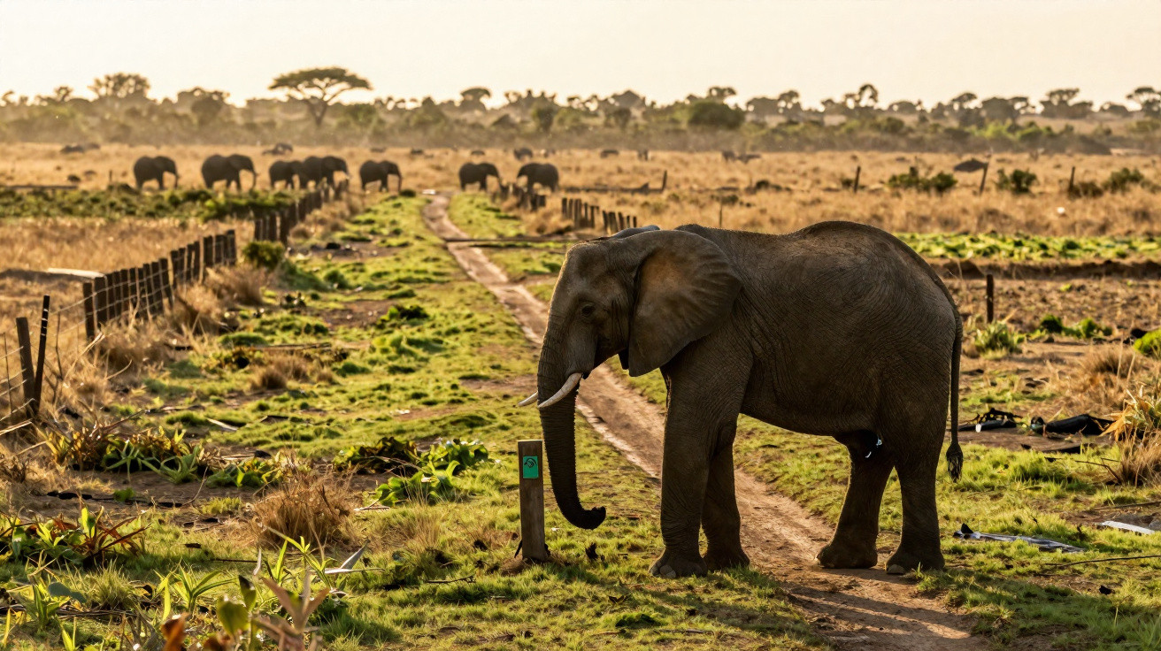 Elefante jovem parado numa zona de savana, com grupo de elefantes ao fundo e caminho de terra.
