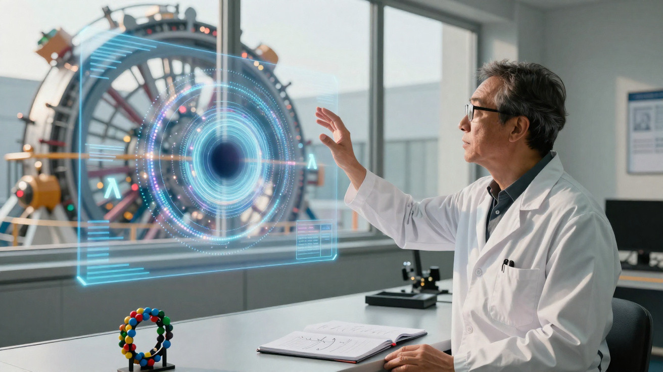 Cientista em bata branca interage com holograma tecnológico em laboratório moderno.