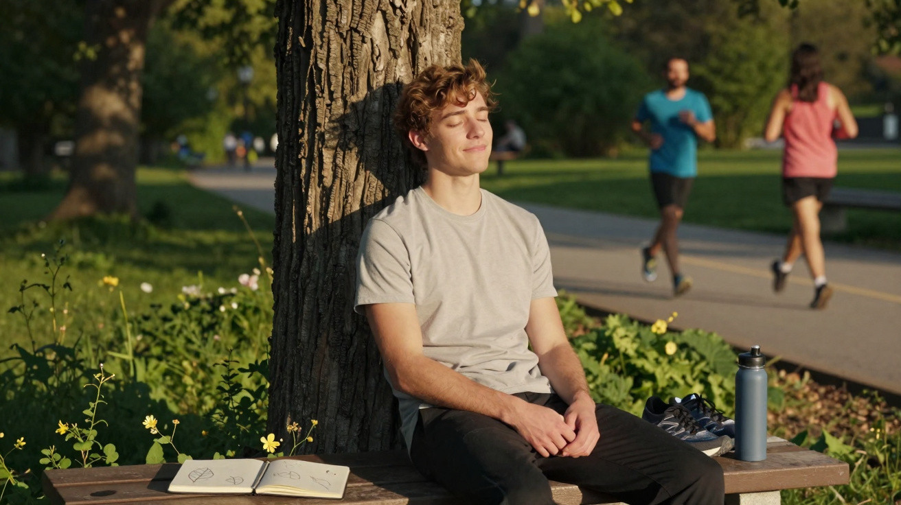 Jovem sentado num banco junto a uma árvore, olhos fechados, relaxando num parque ao fim da tarde.