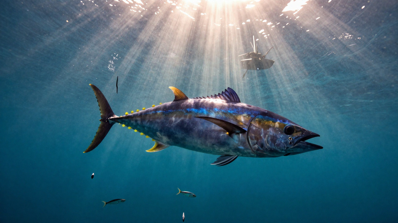 Peixe atum azul nadando sob a água com raios de sol a penetrar na superfície e barco ao longe.