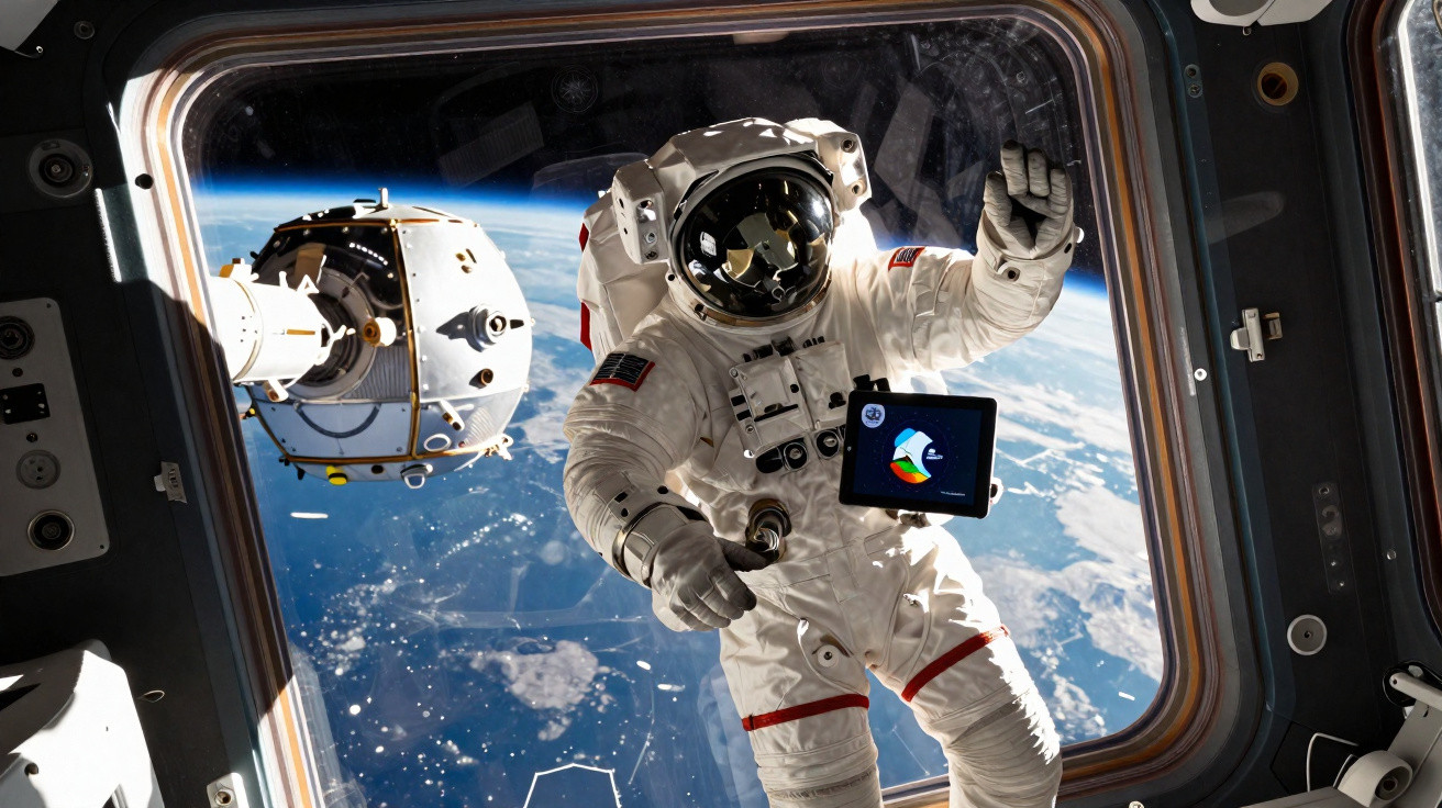 Astronauta em fato espacial flutua na órbita terrestre com a Terra visível ao fundo pela janela da estação espacial.
