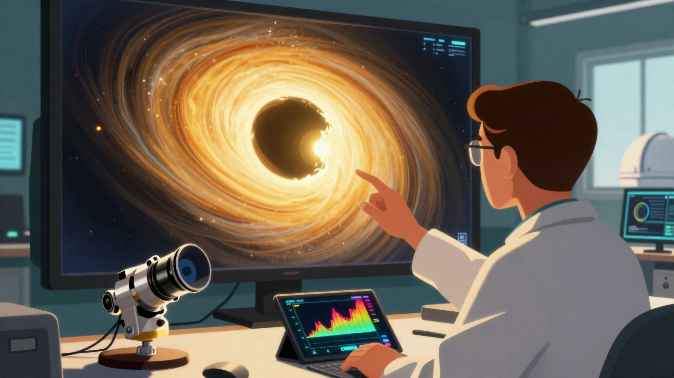 Cientista analisa imagem de buraco negro numa tela, com telescópio e gráficos numa secretária de laboratório.