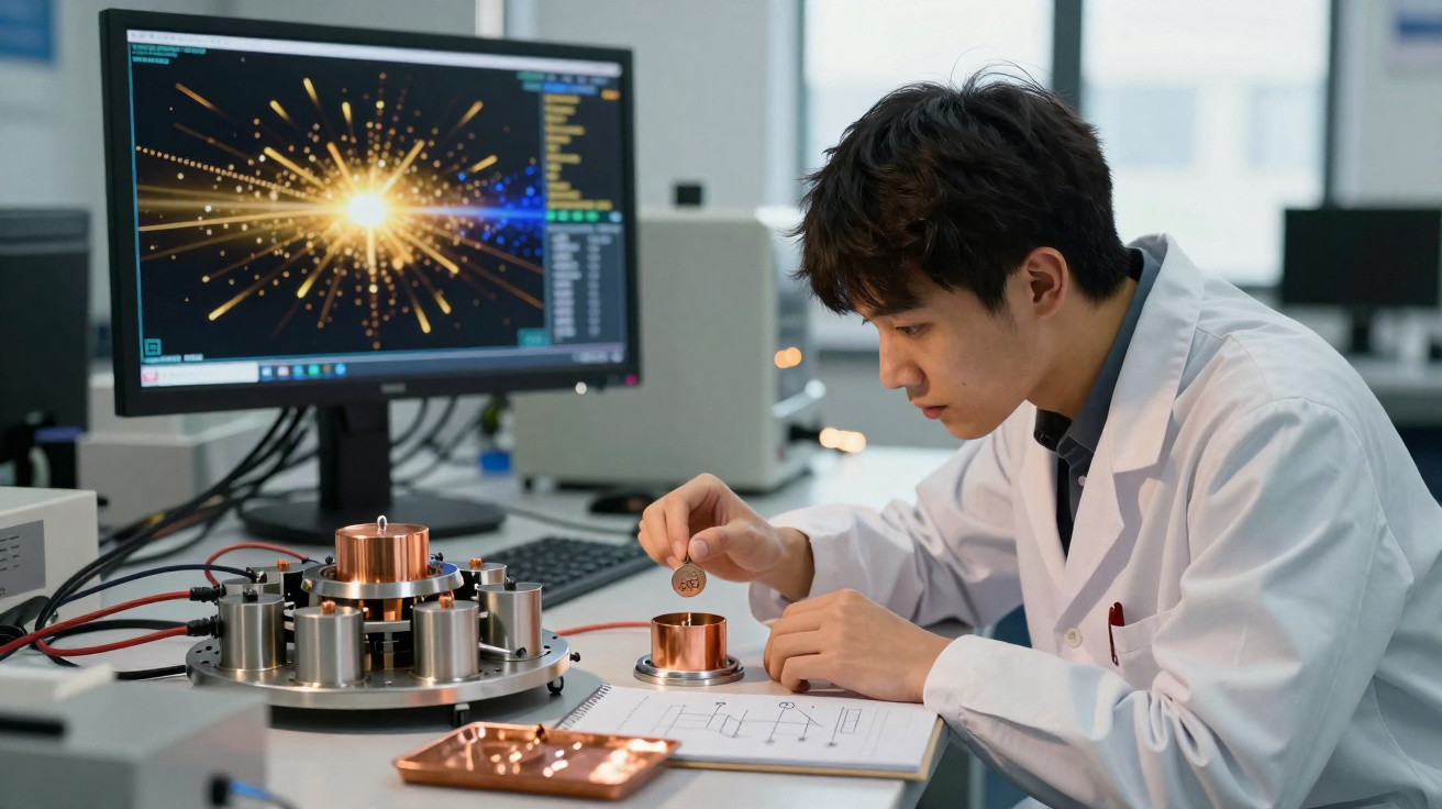 Cientista em laboratório a analisar componentes metálicos junto a computador com gráficos científicos.