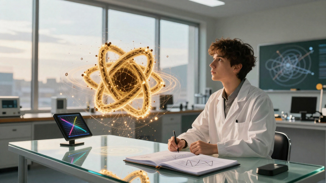 Jovem cientista de bata branca observa modelo holográfico de átomo numa sala de laboratório moderna.