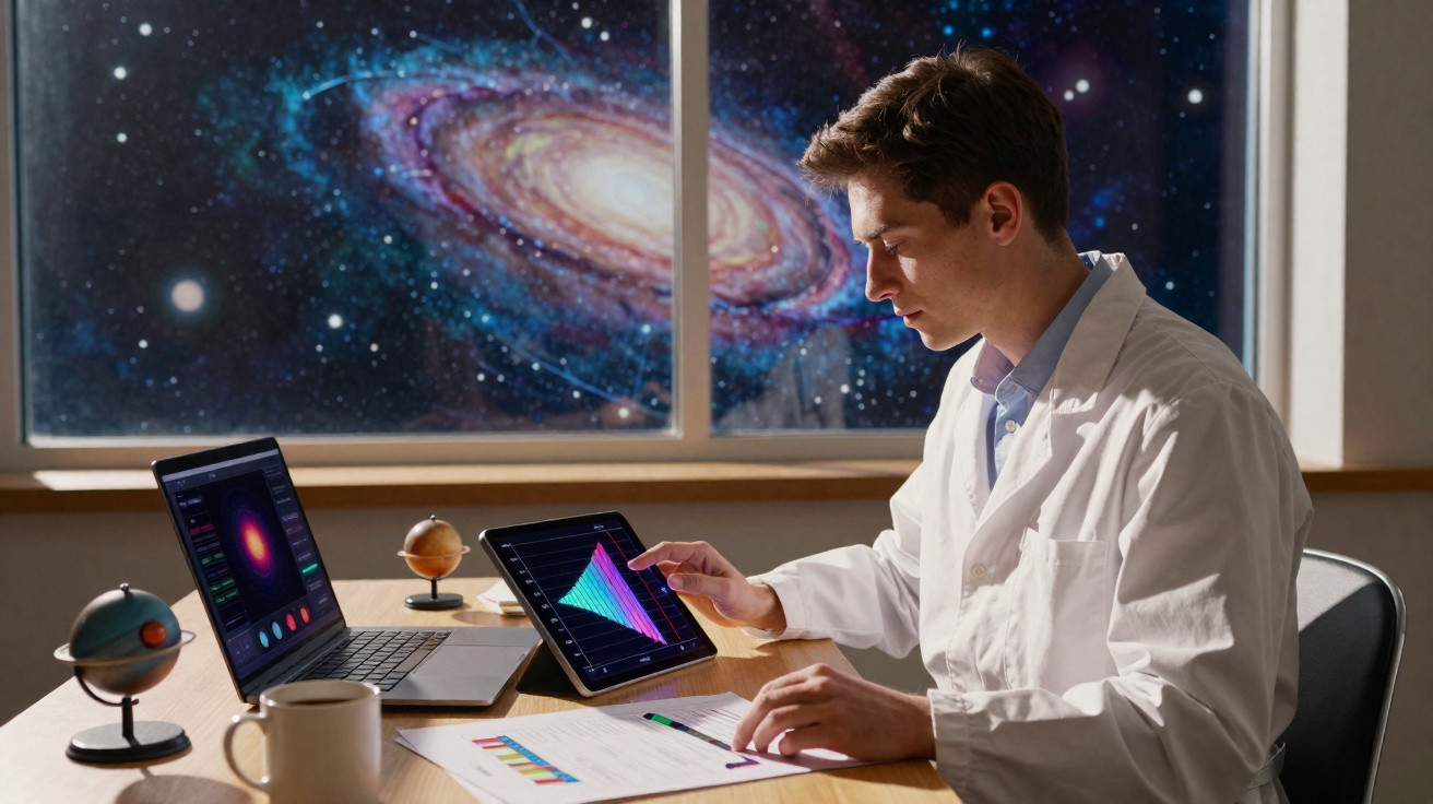 Cientista em bata branca analisa gráficos em tablet numa sala com imagem de galáxia na janela.