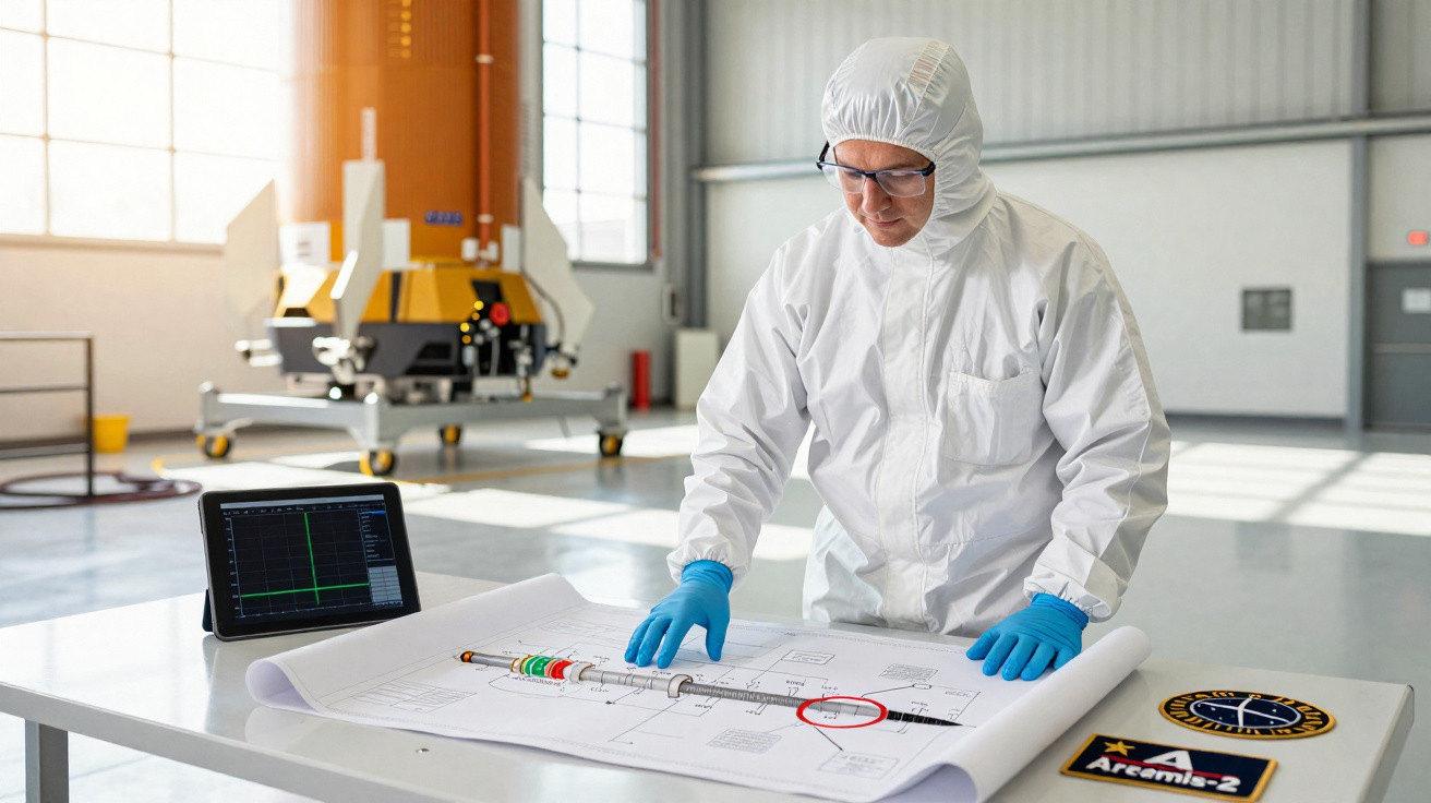 Cientista em fato de proteção examina projeto da missão espacial Artemis-2 numa sala industrial.