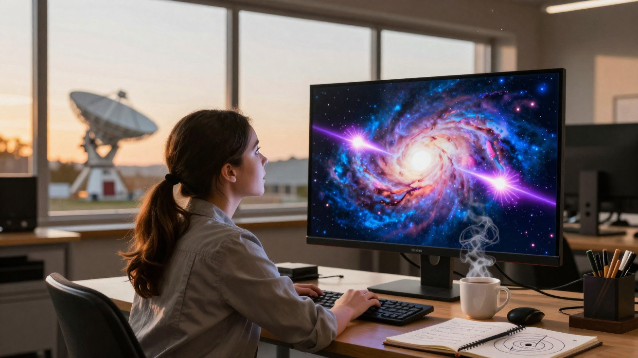 Mulher a trabalhar num computador com imagem de galáxia no ecrã, em escritório com antena parabólica ao fundo.
