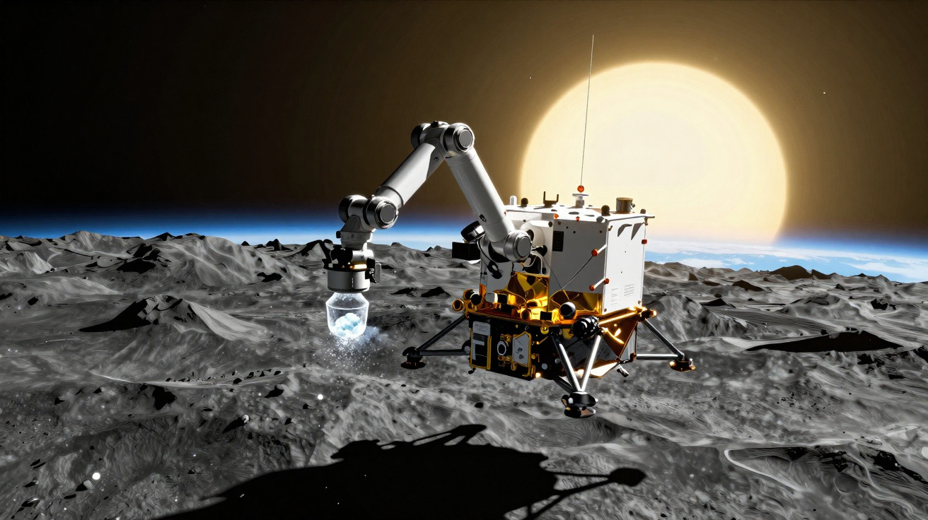 Sonda robótica com braço a recolher amostra do solo lunar, com a Terra e o Sol ao fundo no espaço.