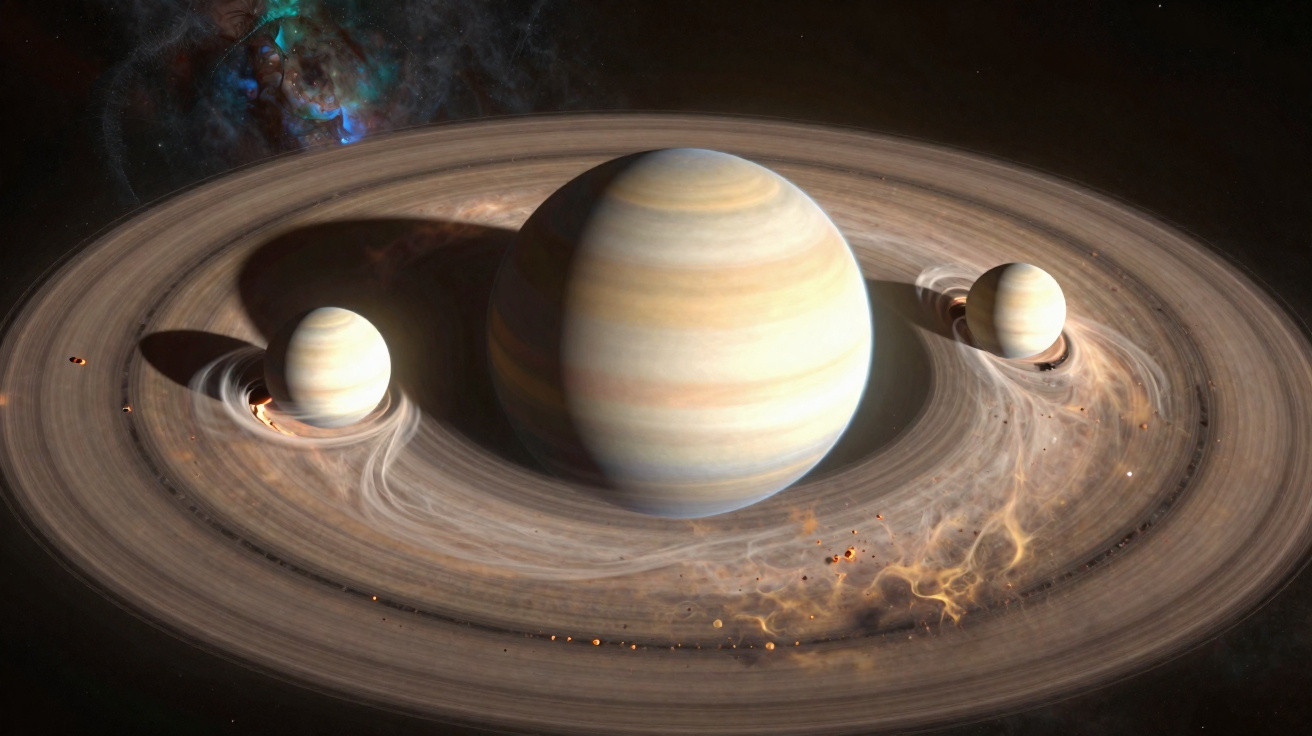 Imagem artística de um planeta com dois satélites e anéis de poeira no espaço escuro.