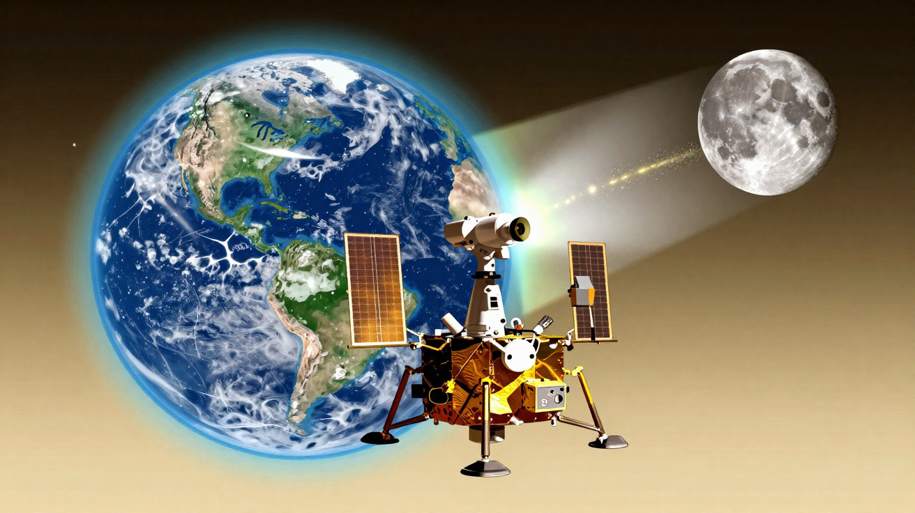 Ilustração de um módulo lunar entre a Terra e a Lua, com a Lua a ser iluminada por um feixe de luz.