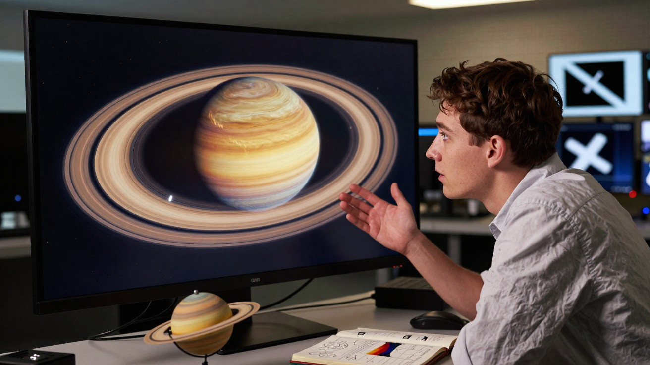 Homem observa imagem detalhada de Saturno com anéis num ecrã de computador.