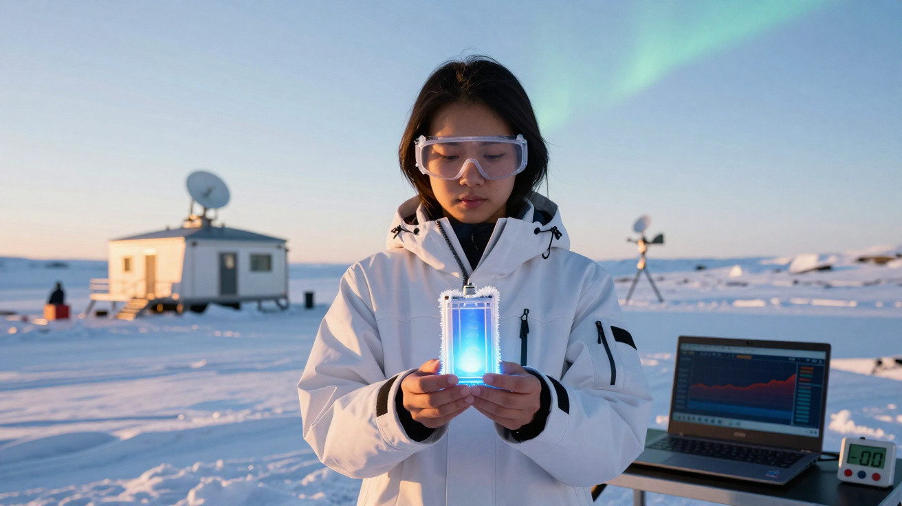 Mulher com casaco branco segura dispositivo luminoso num campo de neve com laptop e casa ao fundo.