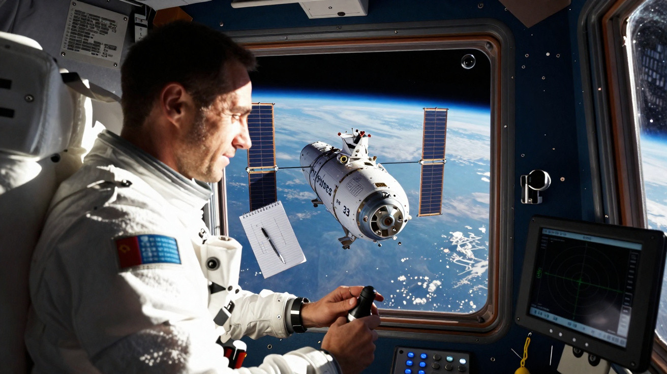 Astronauta na cabine de uma estação espacial com vista para a Terra e um módulo espacial no exterior.