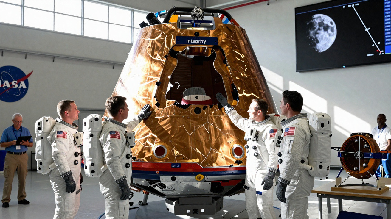 Quatro astronautas com fatos espaciais brancos tocam a cápsula dourada da NASA num hangar iluminado.
