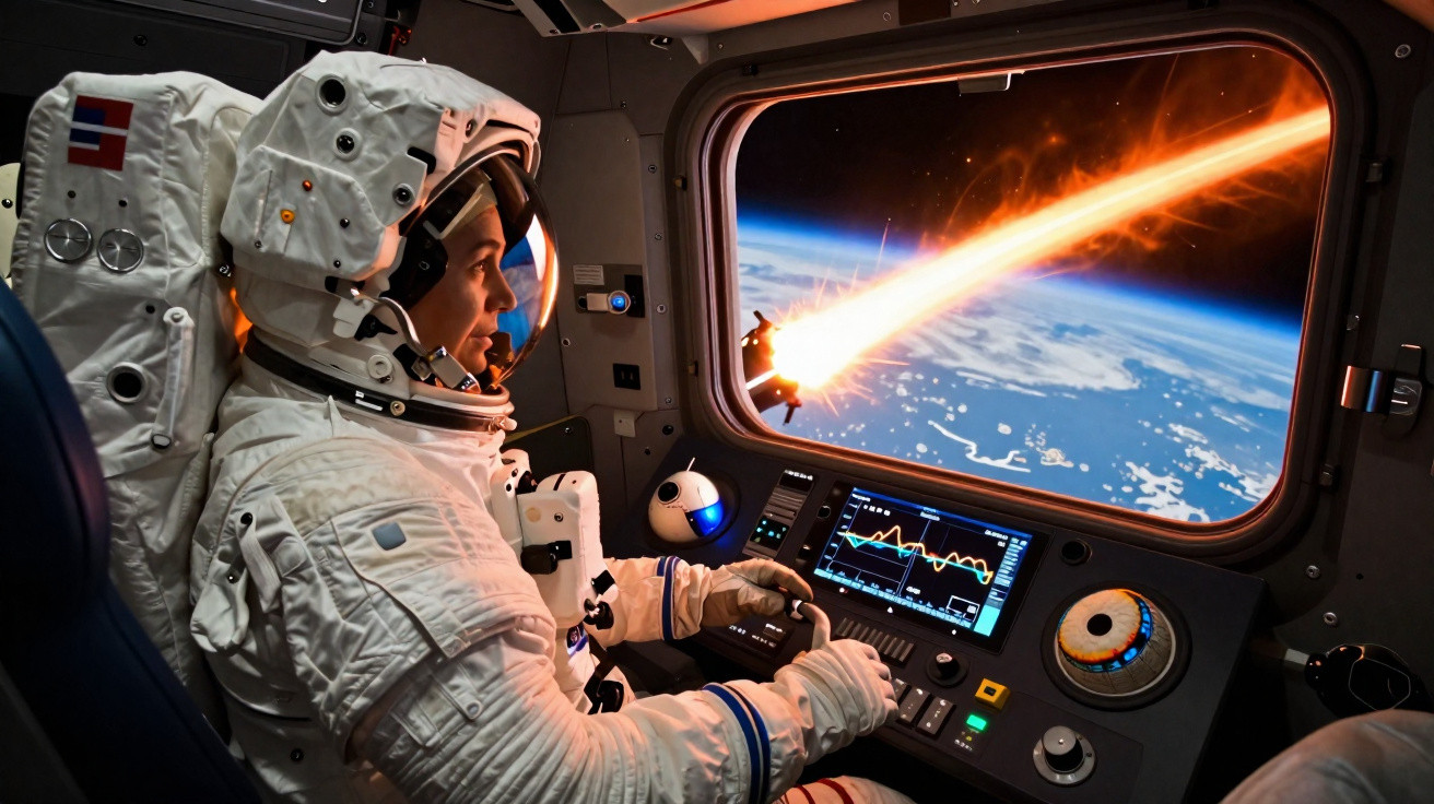 Astronauta dentro de uma nave espacial observando um objeto em chamas a entrar na atmosfera da Terra.