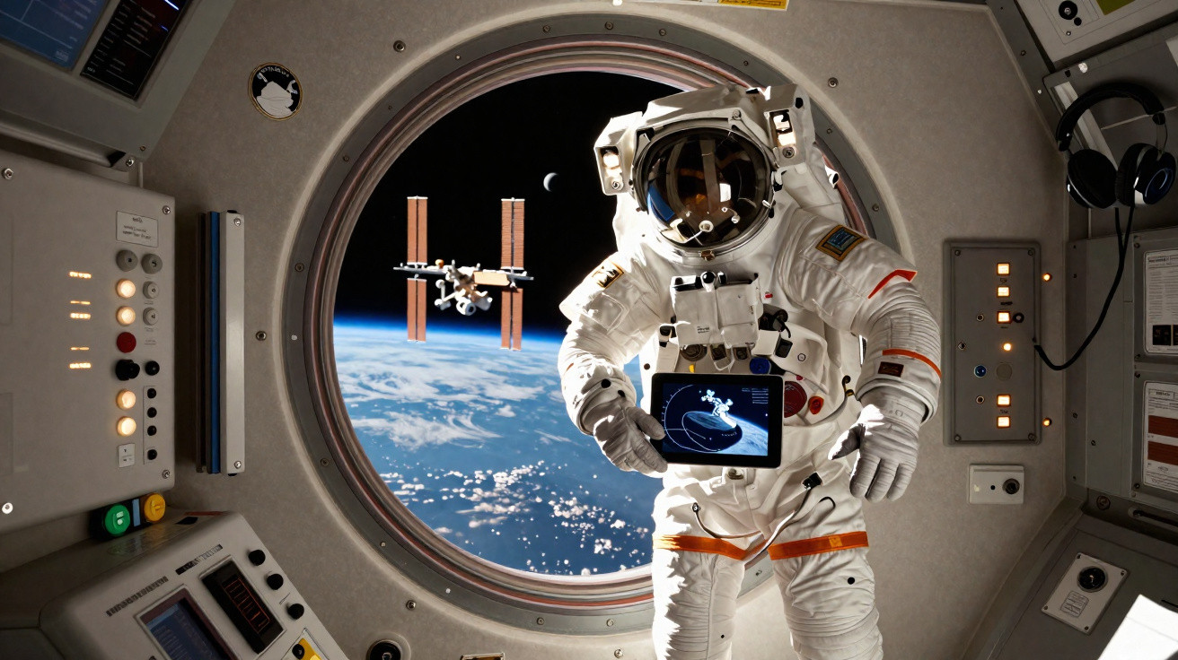 Astronauta em fato espacial com ecrã digital na mão flutua junto a janela da estação espacial com a Terra ao fundo.