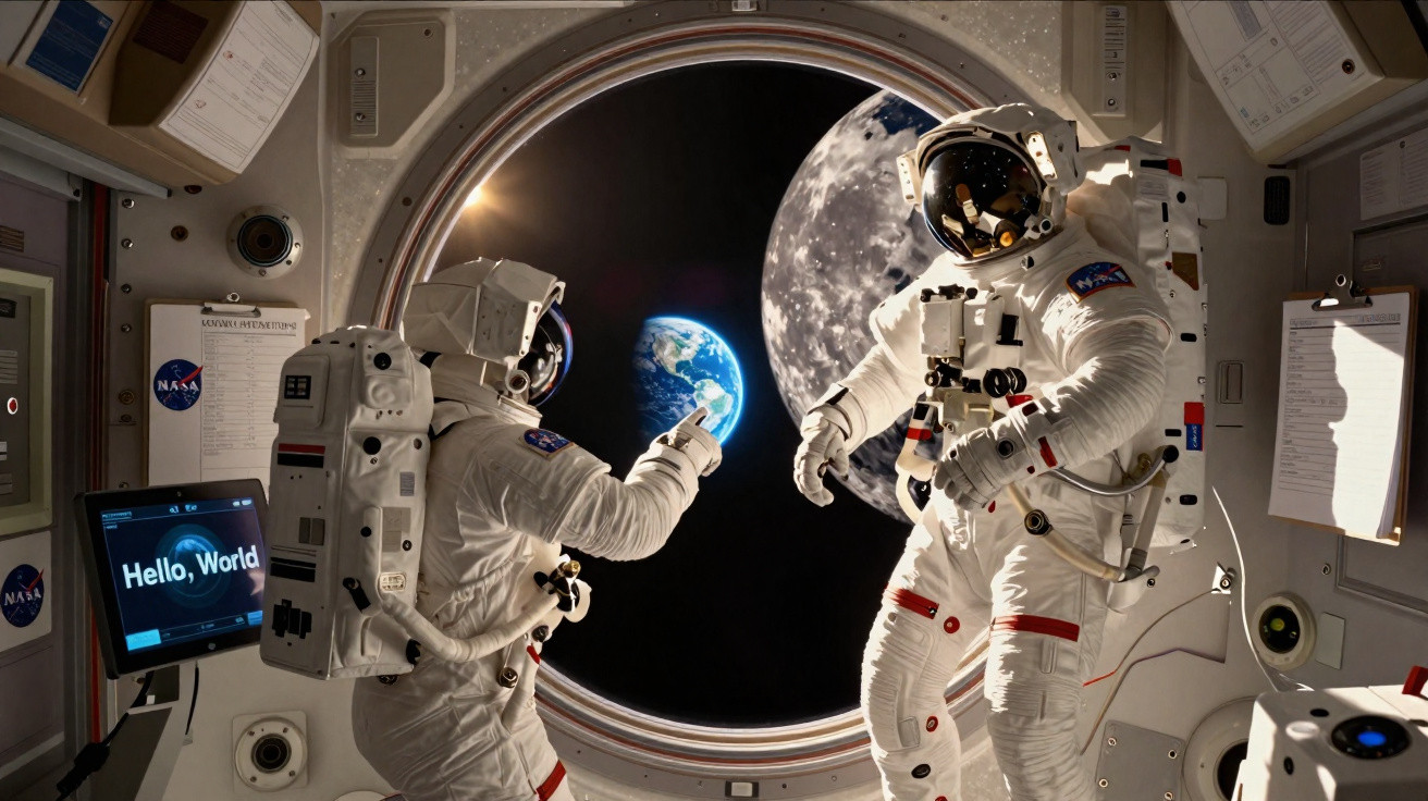 Dois astronautas em roupa espacial dentro de uma nave, com vista para a Terra e a Lua através de uma janela circular.
