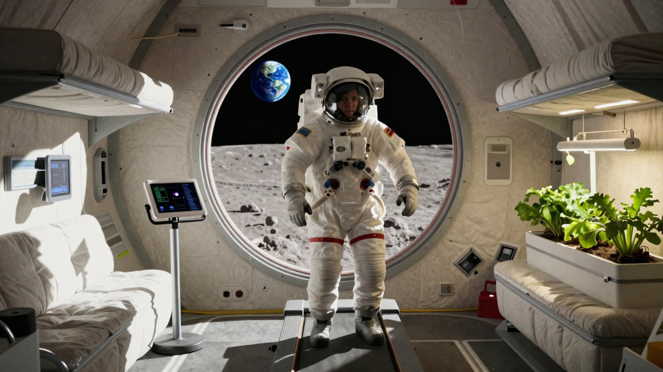 Astronauta em fato espacial numa câmara da Lua, com Terra visível no espaço através da janela circular.