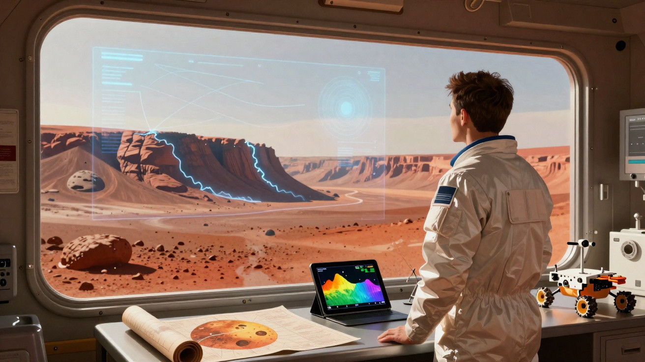 Astronauta observa paisagem marciana através de janela com mapas e equipamento científico no interior.