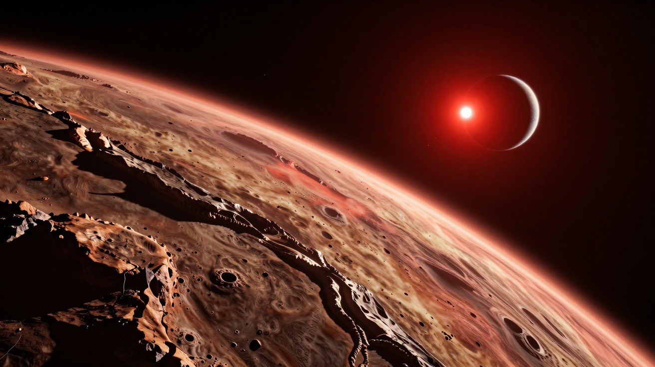 Superfície irregular de planeta rochoso com crateras e uma estrela vermelha ao fundo no espaço.