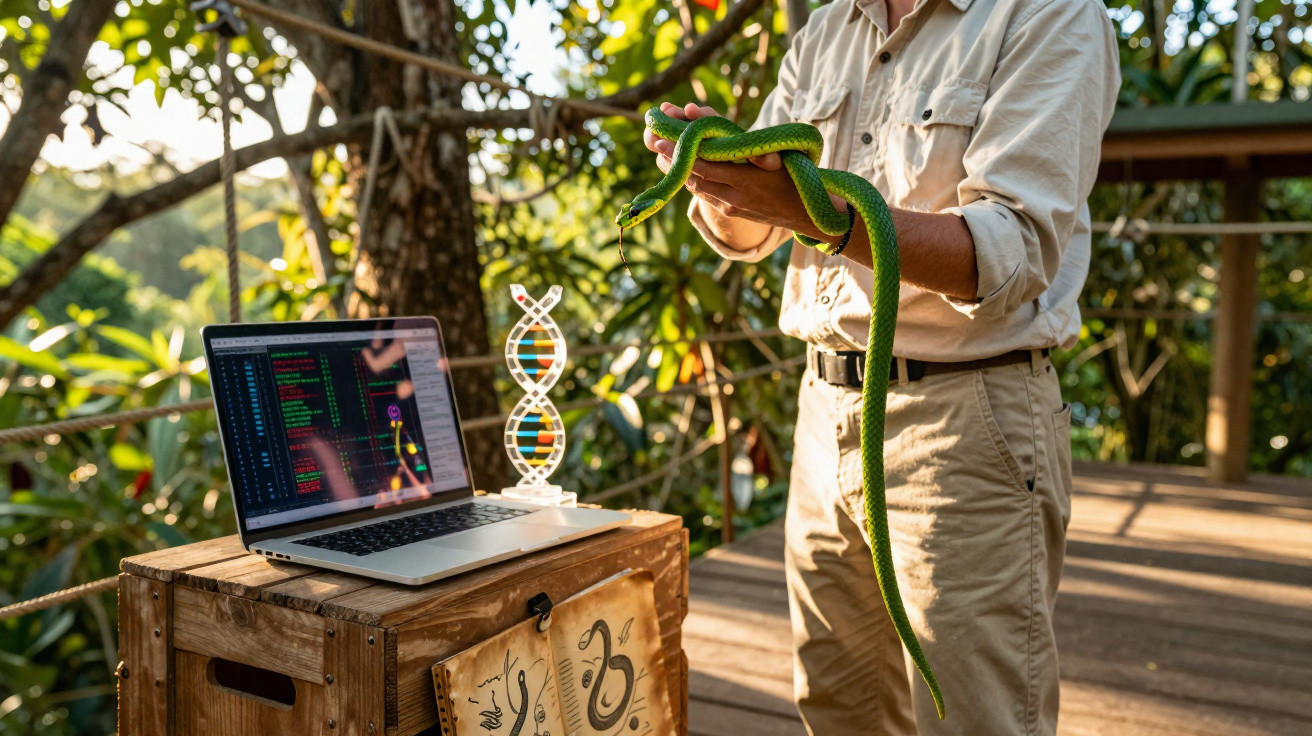 Pessoa segura uma serpente verde junto a computador com código e modelo de dupla hélice de ADN ao ar livre.