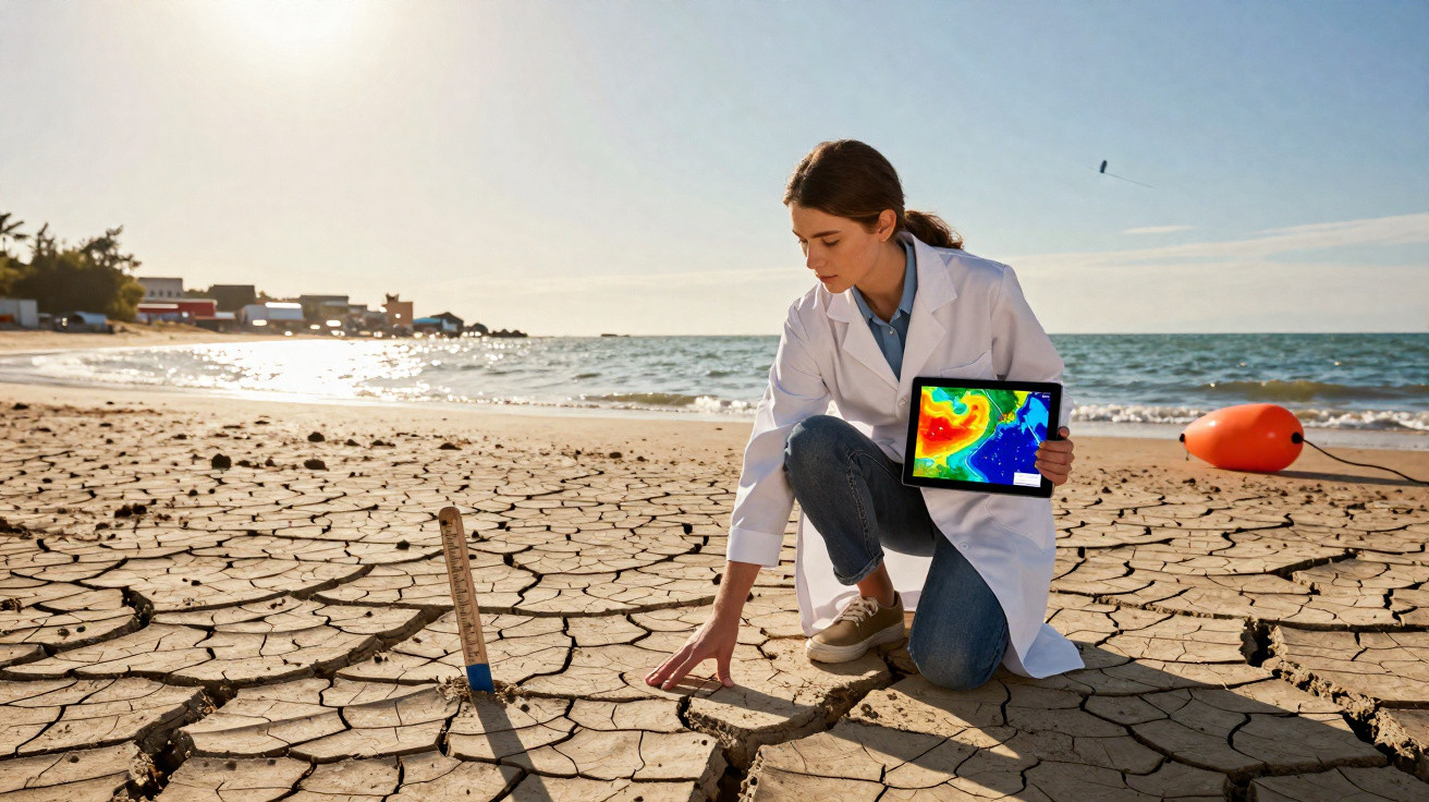 Cientista com bata branca examina solo seco e rachado numa praia, segurando tablet com mapa de calor ambiental.