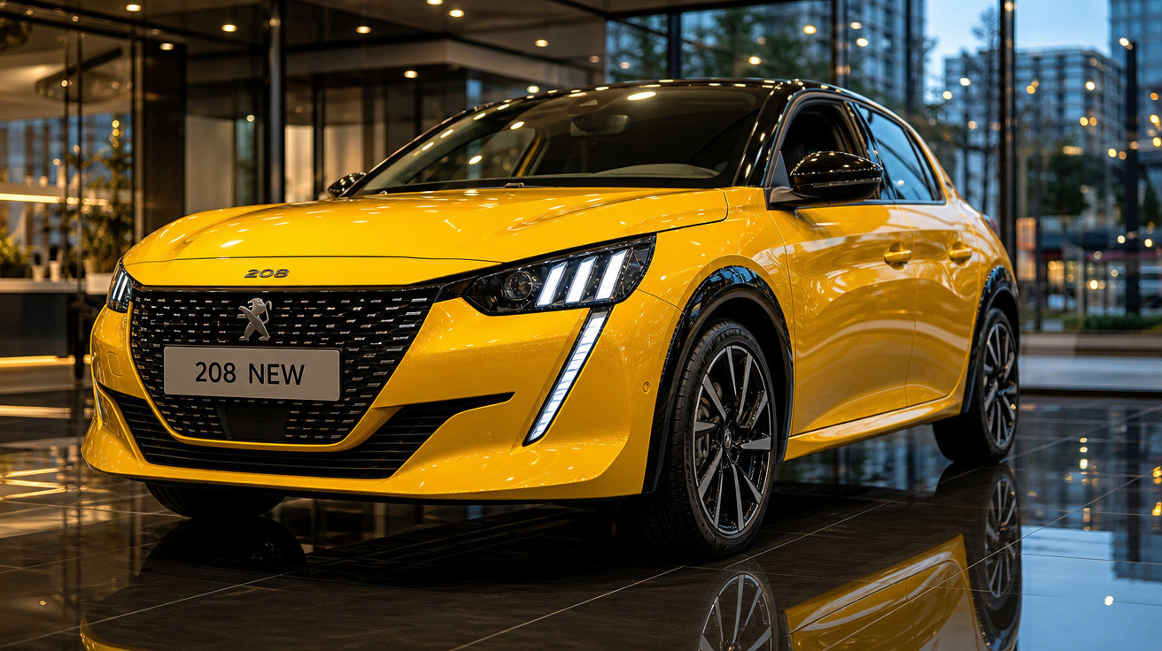Peugeot 208 amarelo estacionado em showroom moderno com iluminação ambiente e reflexo no chão polido.