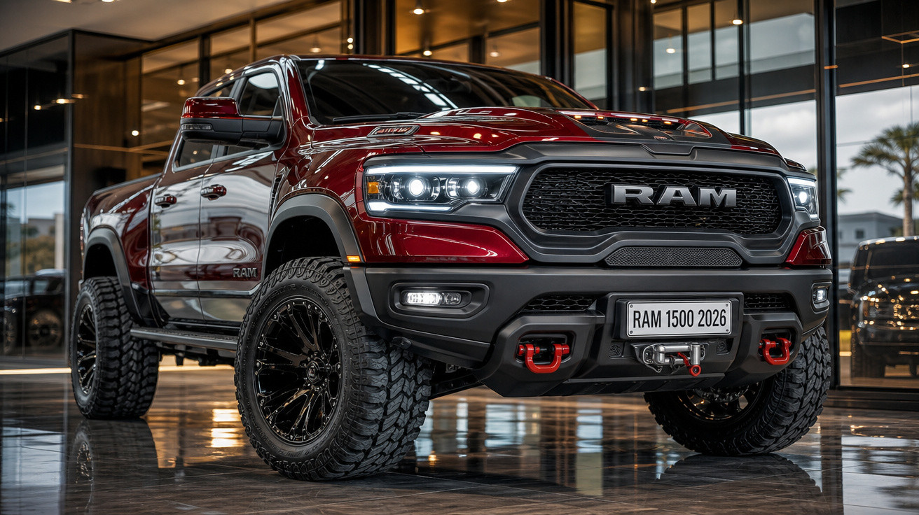 Carrinha pickup RAM vermelha com faróis ligados e pneus robustos em showroom moderno.