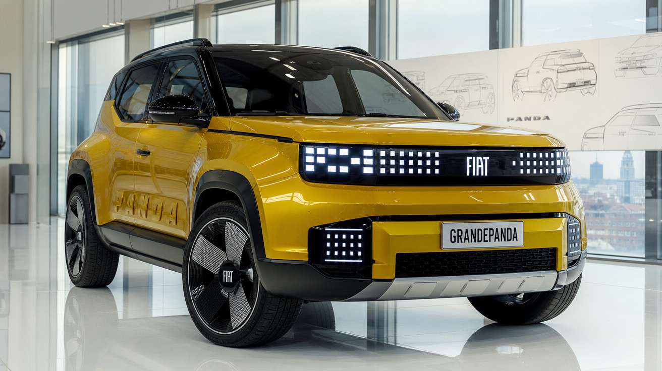 Carro elétrico Fiat amarelo modelo Grande Panda em exposição com luzes LED e design moderno.