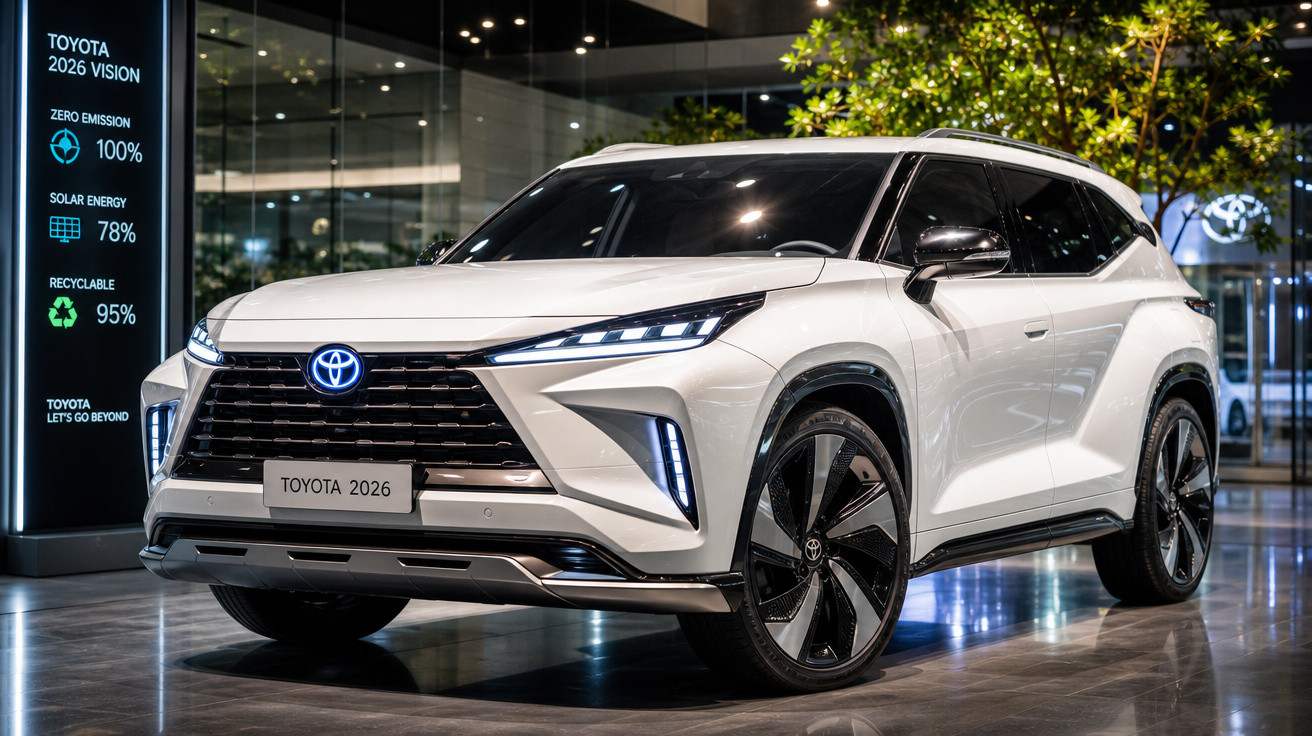 SUV Toyota 2026 branco com design moderno e detalhes em LED exibido em showroom iluminado.